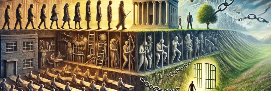 A conceptual landscape image illustrating the transition from social conditioning to personal freedom. It moves from a structured world of rules, school, and law on the left, through a moment of transformation in the middle, to an open, liberated world on the right. This visually represents the question: is it a midlife crisis or an awakening?