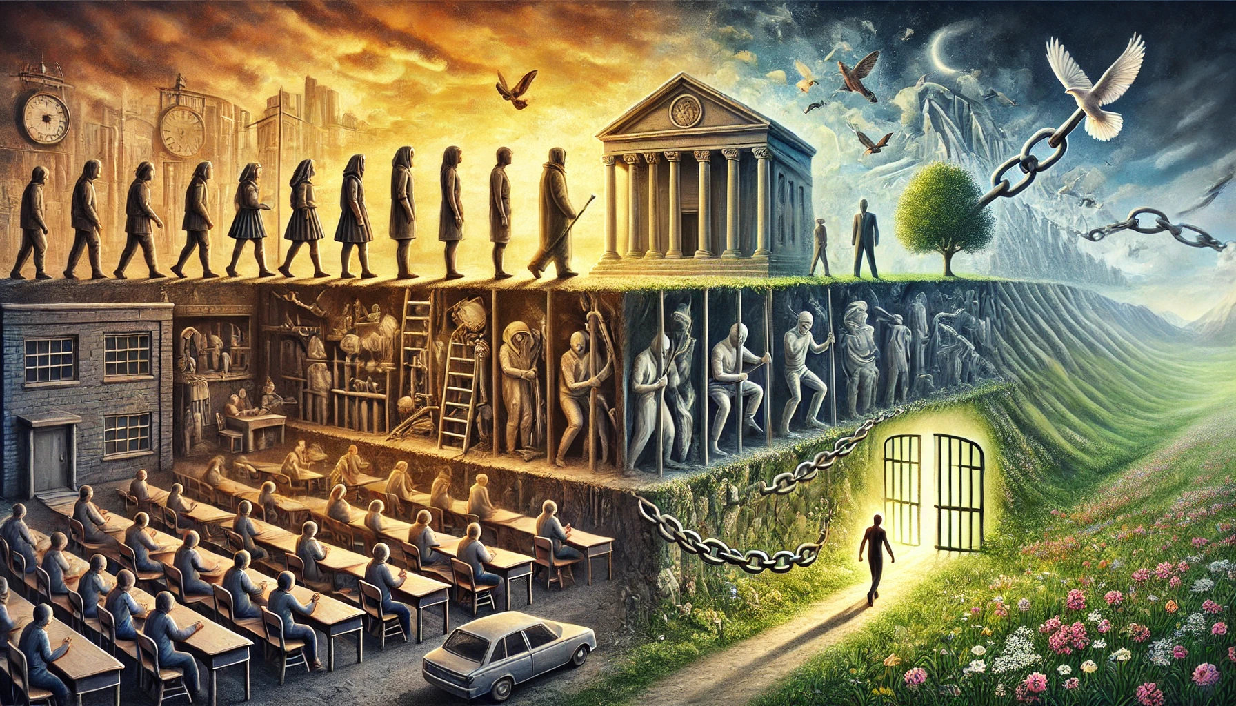 A conceptual landscape image illustrating the transition from social conditioning to personal freedom. It moves from a structured world of rules, school, and law on the left, through a moment of transformation in the middle, to an open, liberated world on the right. This visually represents the question: is it a midlife crisis or an awakening?